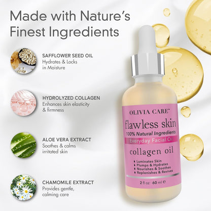 Collagen Facial Oil - Flawless Essential Facial Oil 100% Natural. Nourishing, Reviving & Hydrating Soothing - for All Skin Types - 2 Fl Oz (Collagen)