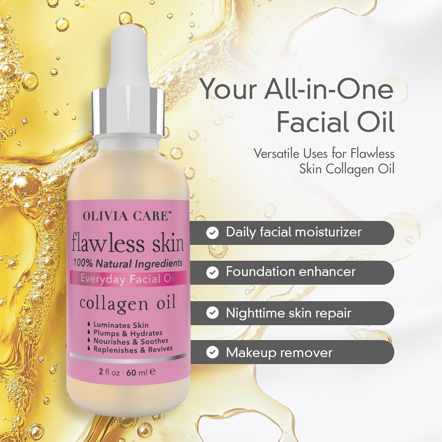 Collagen Facial Oil - Flawless Essential Facial Oil 100% Natural. Nourishing, Reviving & Hydrating Soothing - for All Skin Types - 2 Fl Oz (Collagen)