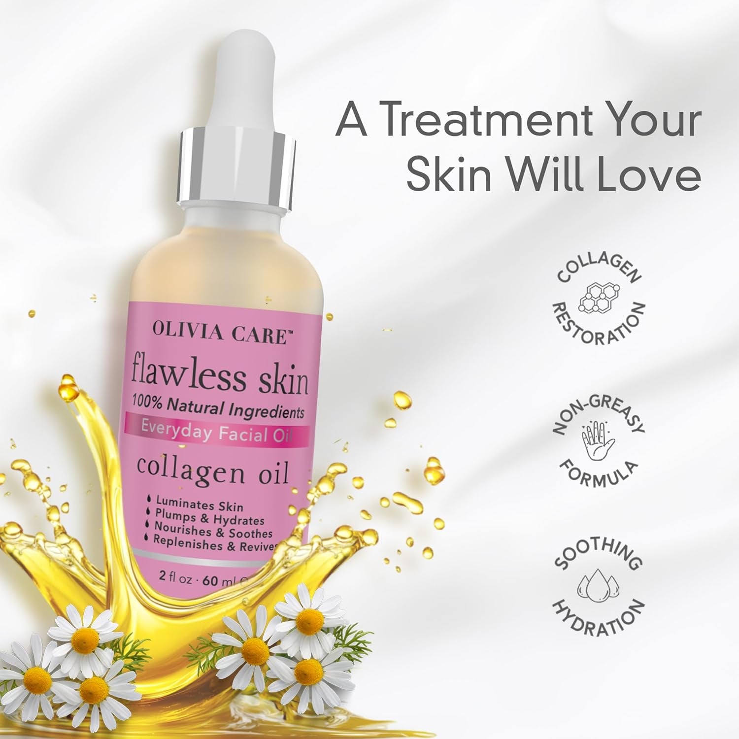 Collagen Facial Oil - Flawless Essential Facial Oil 100% Natural. Nourishing, Reviving & Hydrating Soothing - for All Skin Types - 2 Fl Oz (Collagen)