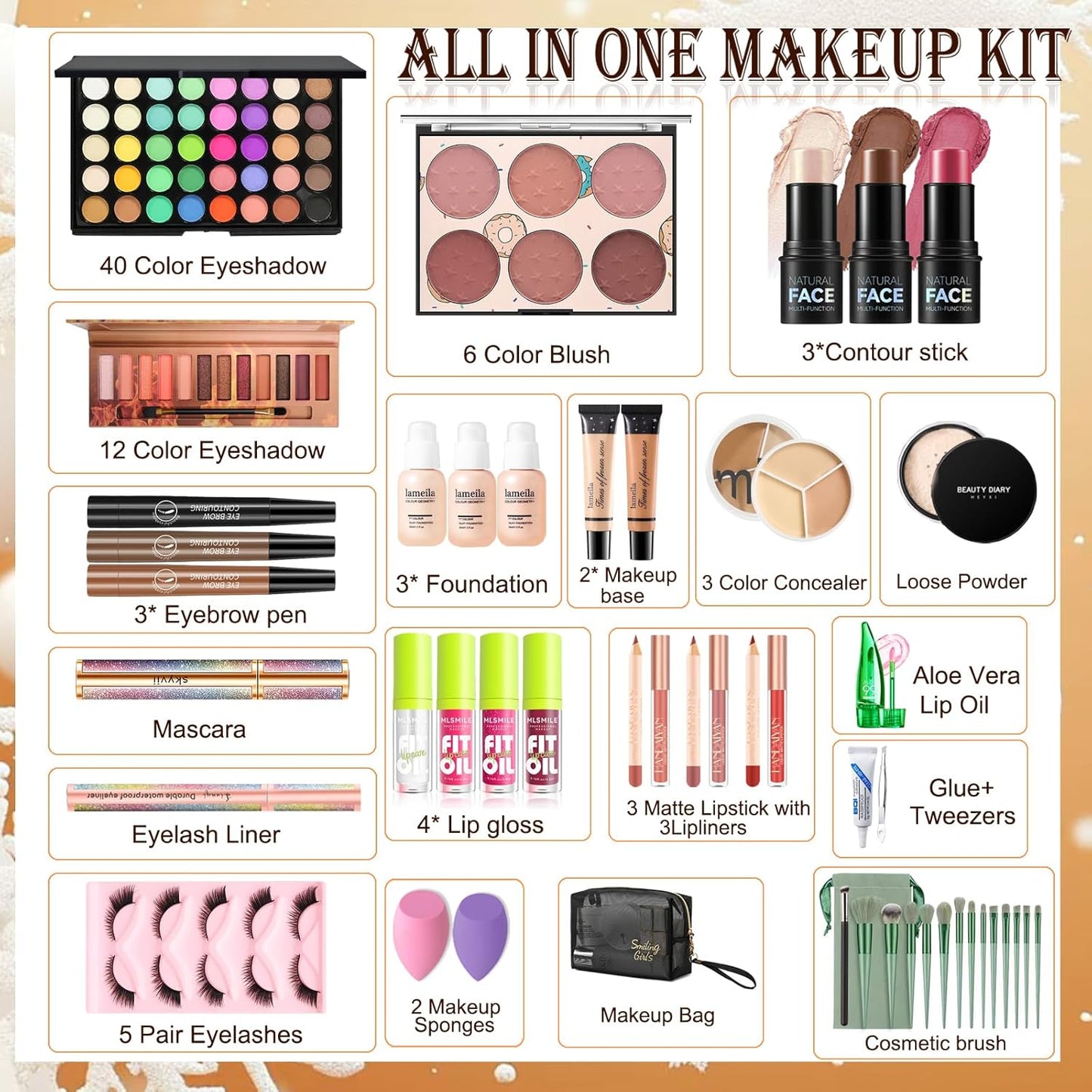 Girls Makeup Kit Full Set: 40-Color Eyeshadow, Foundation, Contour Stick & More