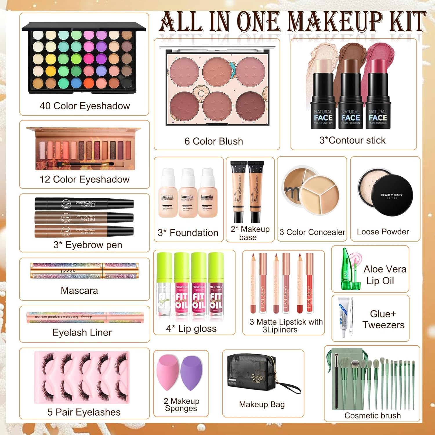 Girls Makeup Kit Full Set: 40-Color Eyeshadow, Foundation, Contour Stick & More