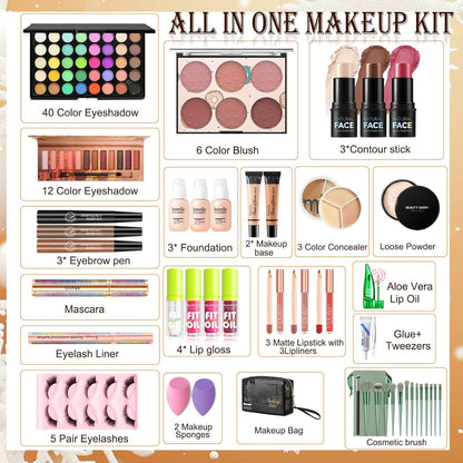 Girls Makeup Kit Full Set: 40-Color Eyeshadow, Foundation, Contour Stick & More